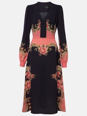 $1,850 ETRO Floral Midi Dress with Placed Print Italy Size IT48 US10
